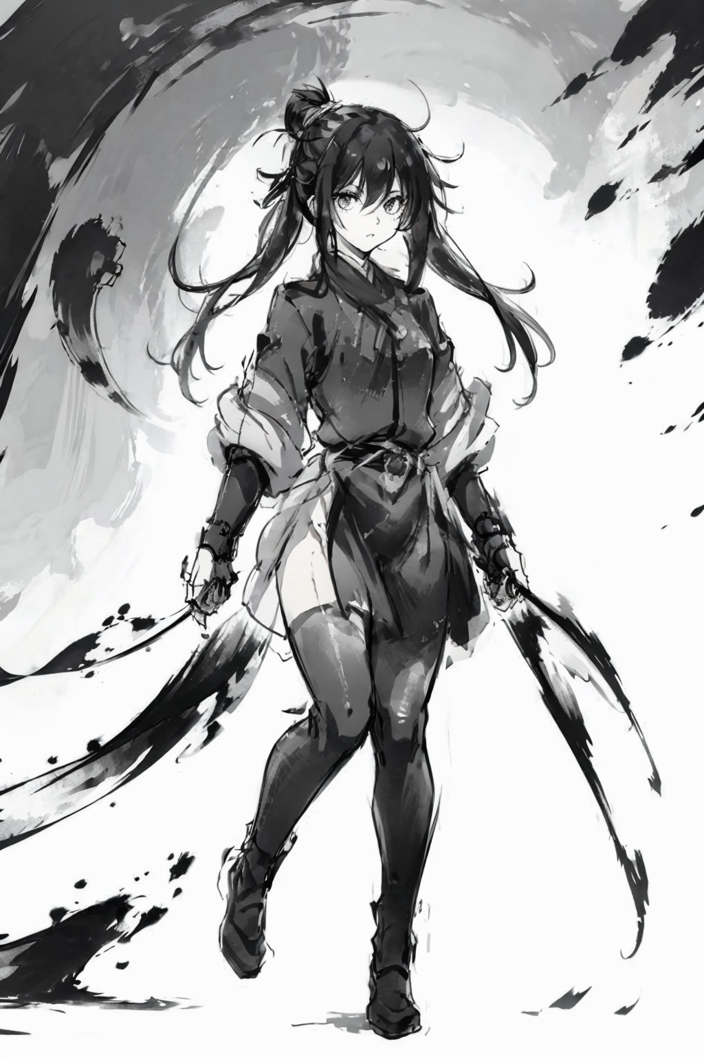 masterpiece, best quality,1girl,standing, black hair bun,cold face, full body, (front),monochrome, greyscale,mo,ink splash